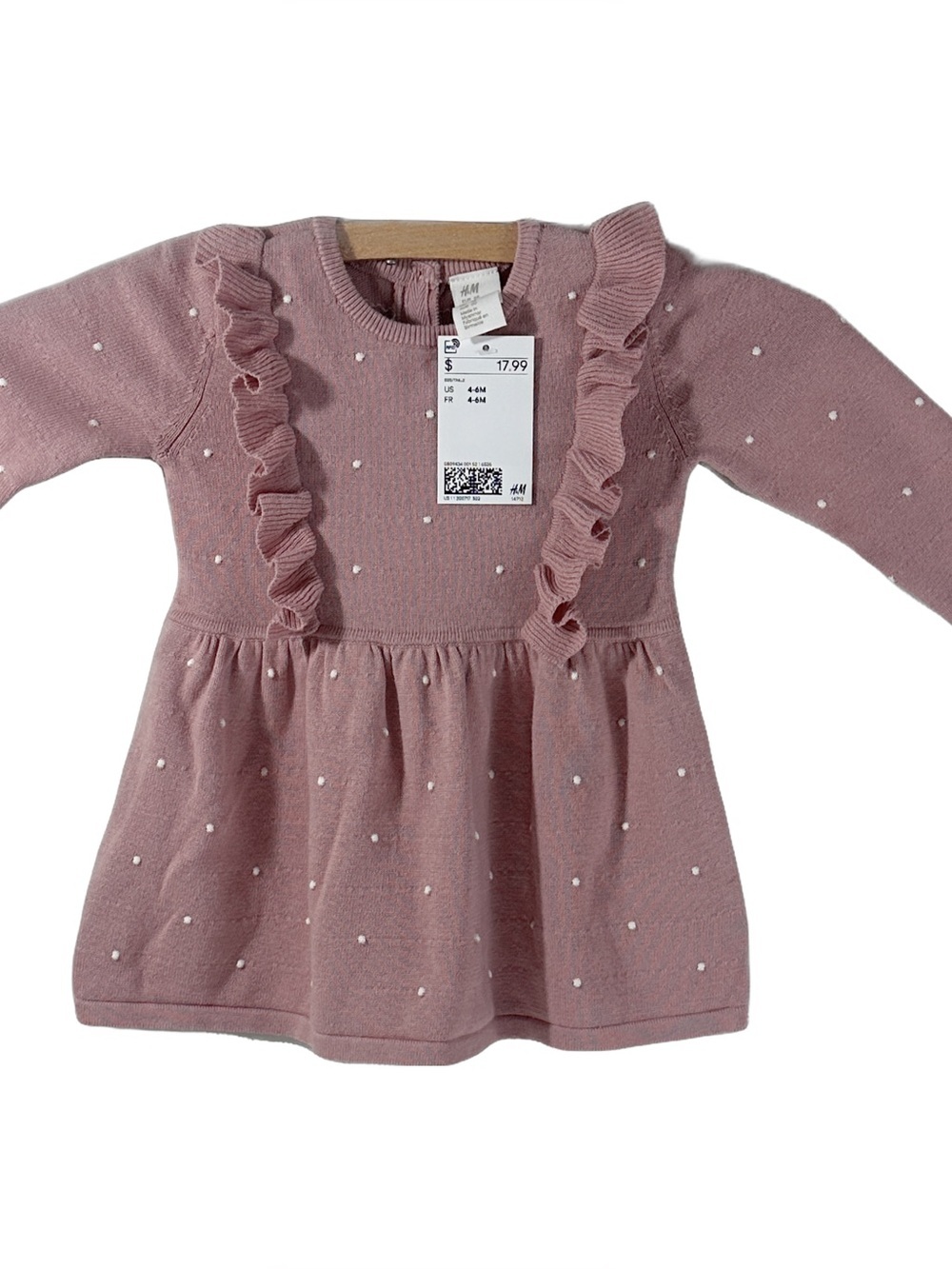 NWT H&M Dusty Rose Knit Baby polka dot Dress with Ruffle Accents 4-6 months